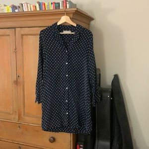 Everlane navy and white polka dot shirt dress